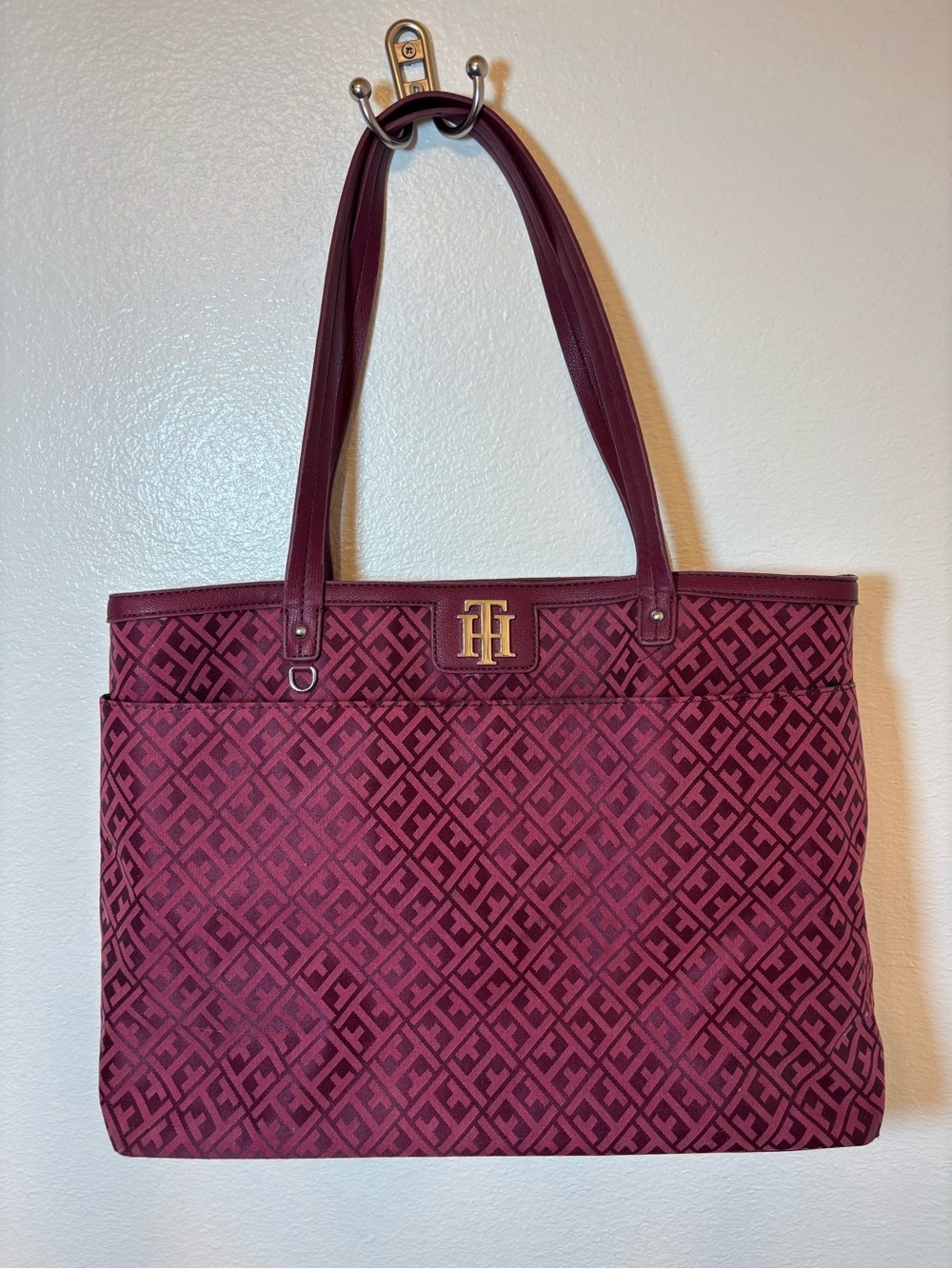 Tommy Hilfiger Burgundy Logo Jacquard Fabric Tote with Gold TH Accent